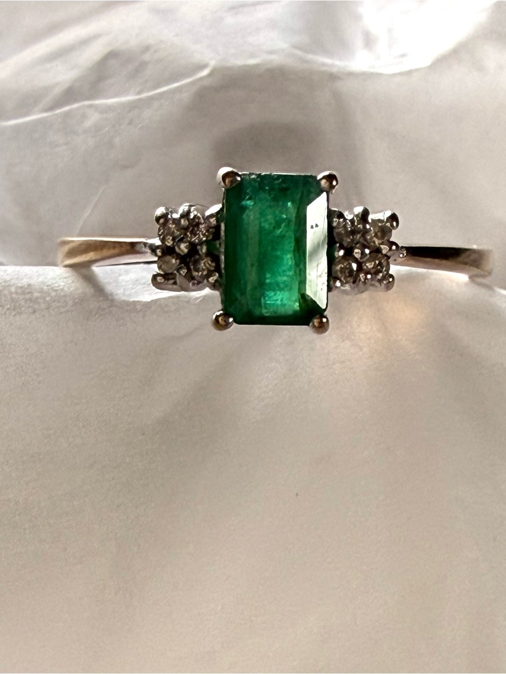 Stamped 8 CT Delicate Gold Ring with Genuine Emerald and Diamond Cluster